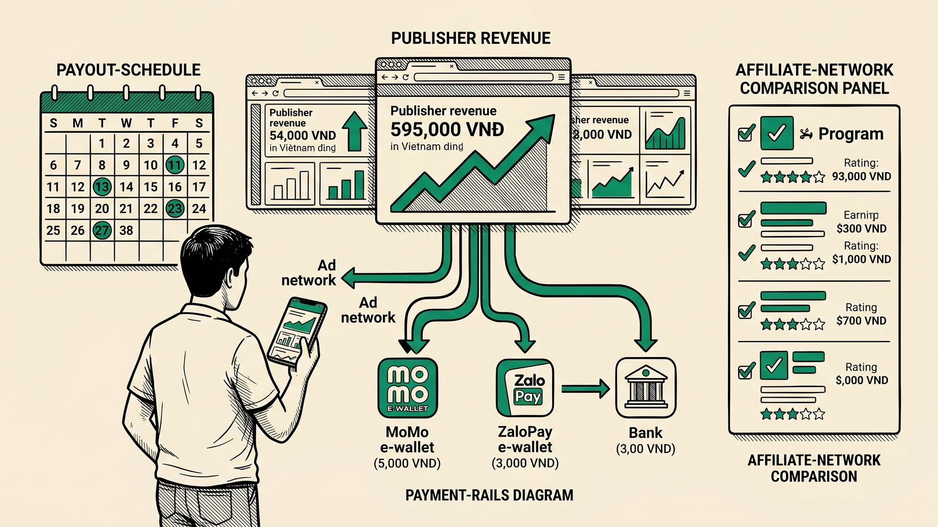 Monetize mỗi impression — payout Net-7, không vướng